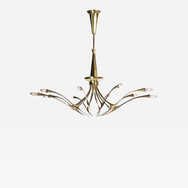 Oscar Torlasco Mid Century Modernist 10 Arm Sculptural Brass Chandelier by Oscar Torlasco Lumi