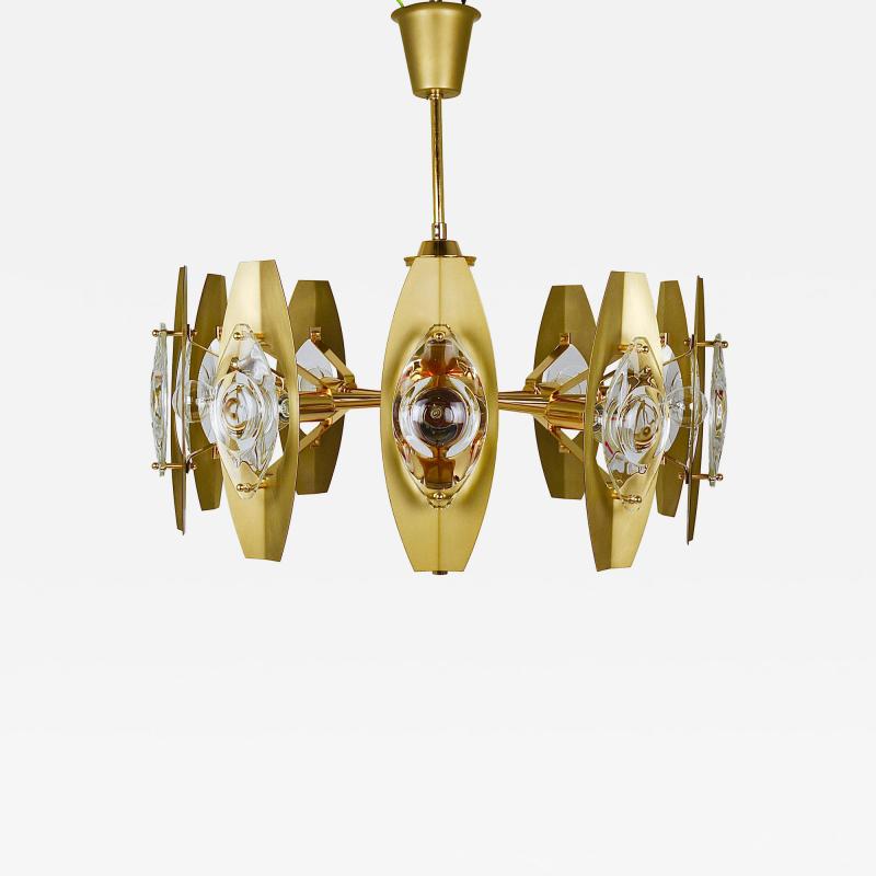 Oscar Torlasco Oscar Torlasco 25 Brass Chandelier with Optical Prism Lenses Italy 1970s