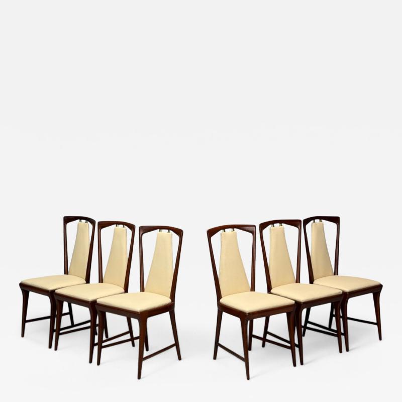 Osvaldo Borsani Osvaldo Borsani attr Mahogany Brass Leather Dining Chairs Italy 1950s
