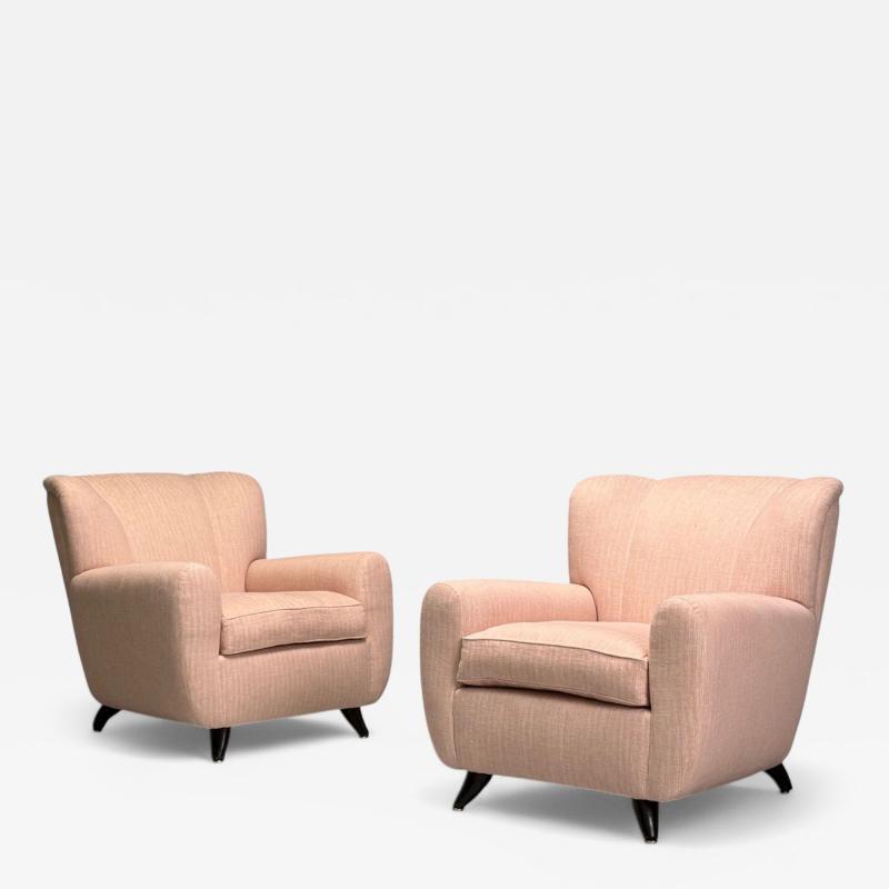 Osvaldo Borsani Osvaldo Borsani attr Pink Linen Wood Large Lounge Chairs Italy 1950s