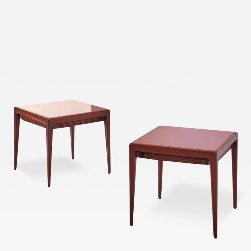 Osvaldo Borsani Osvaldo Borsani wooden and red glass side tables with a drawer Italy 1950s