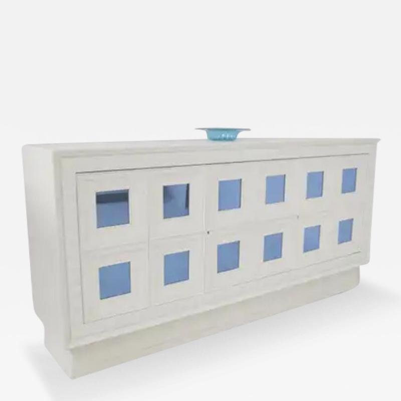 Osvaldo Borsani Vintage Sideboard in White Wood and Light Blue Mirror Att to Paolo Buffa