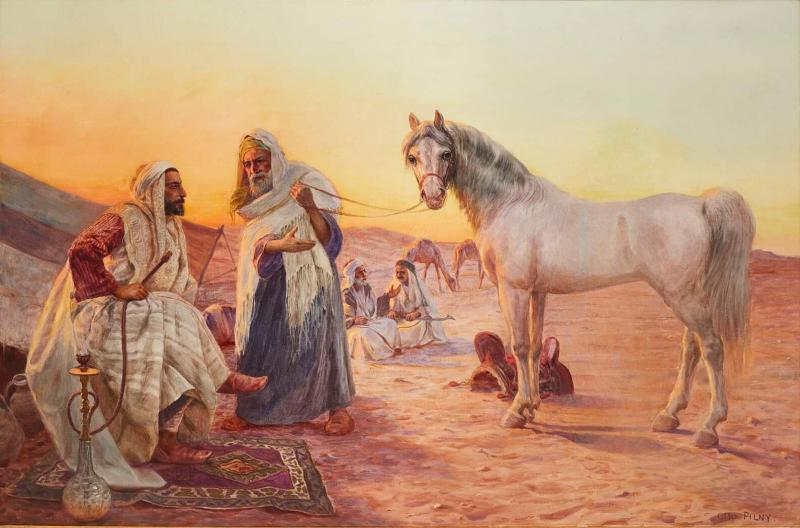 Otto Pilny Orientalist oil painting depicting the trade of a horse by Pilny