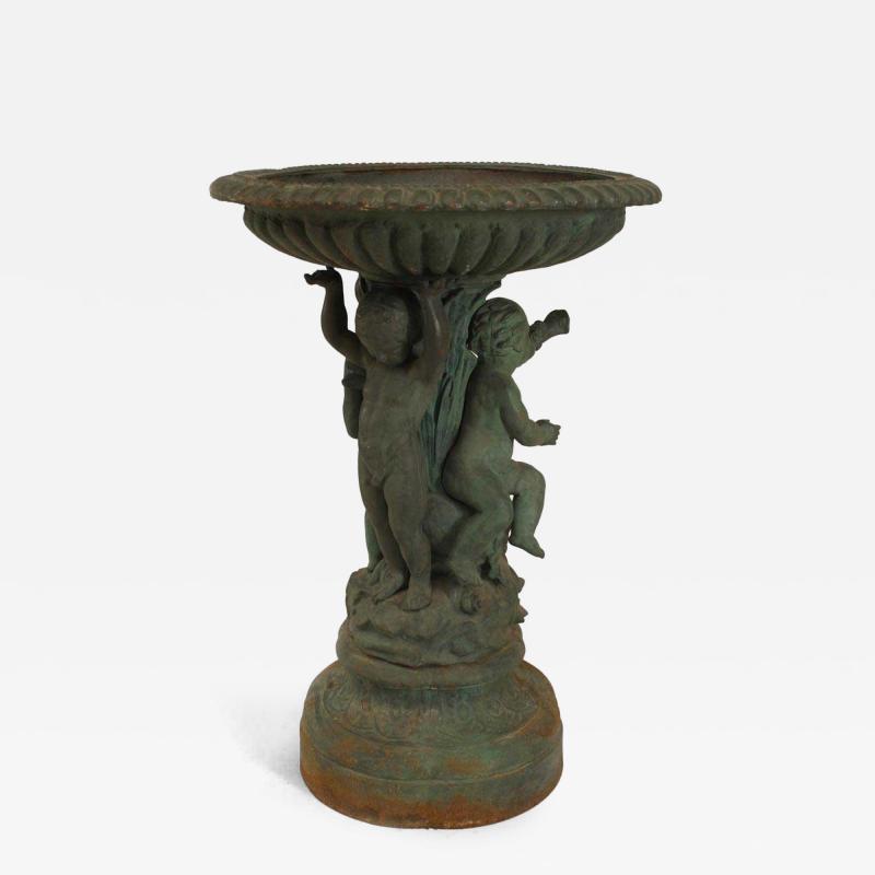 Outdoor Continental style painted iron fountain with triple cupid and dolphin ba