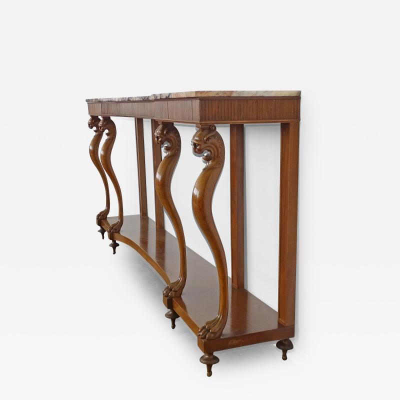 Outstanding Italian 1920s Console with Feline Sculpted Legs and Marble Top