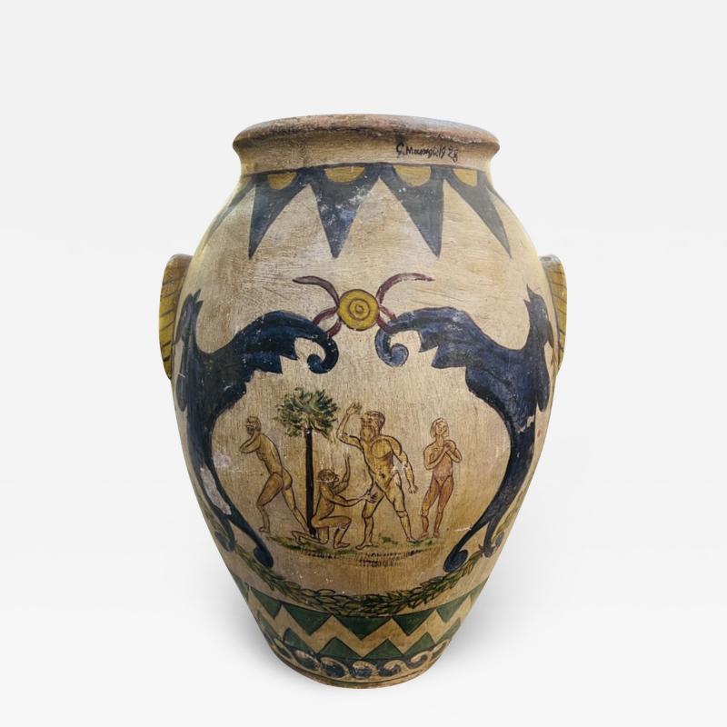Outstanding large hand painted terracotta urn