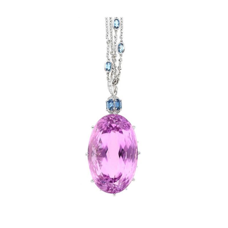 Oval Cut Pink Kunzite with Aquamarine Diamond Side Stone Pendant