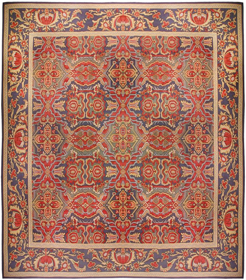 Oversized Antique French Aubusson Bold Geometric Handmade Wool Carpet