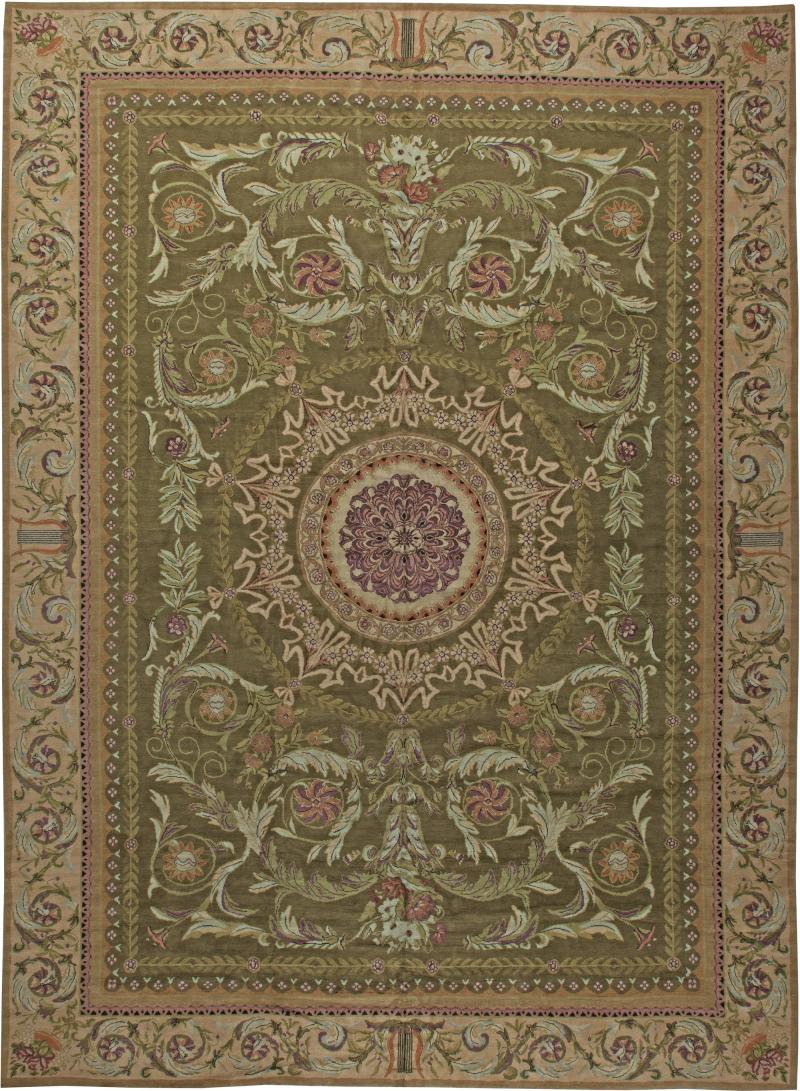 Oversized Antique Savonnerie Bold Botanic Green Hand Knotted Wool Carpet