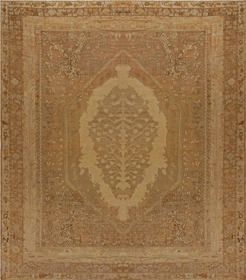Oversized Antique Turkish Ghiordes Brown Handmade Wool Rug
