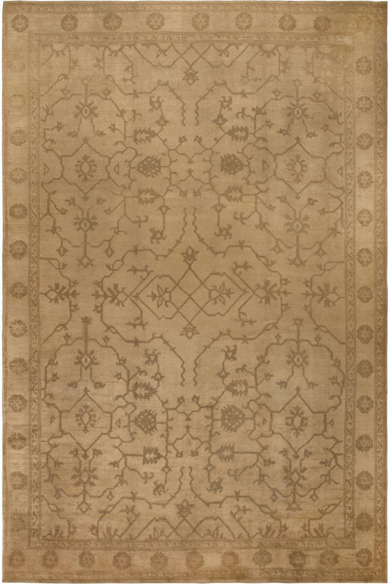 Oversized Antique Turkish Oushak Botanic Brown Handwoven Wool Rug