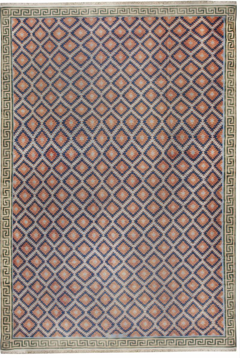 Oversized Mid 20th Century Blue Red Violet Green Indian Dhurrie Cotton Rug