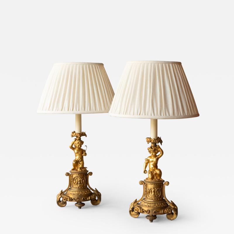 PAIR OF 19TH CENTURY GILT BRONZE CANDLESTICKS CONVERTED TO TABLE LAMPS