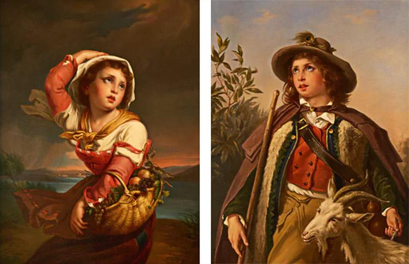 PAIR OF ANTIQUE OIL ON CANVAS PAINTINGS DEPICTING A SHEPHARD BOY AND GIRL