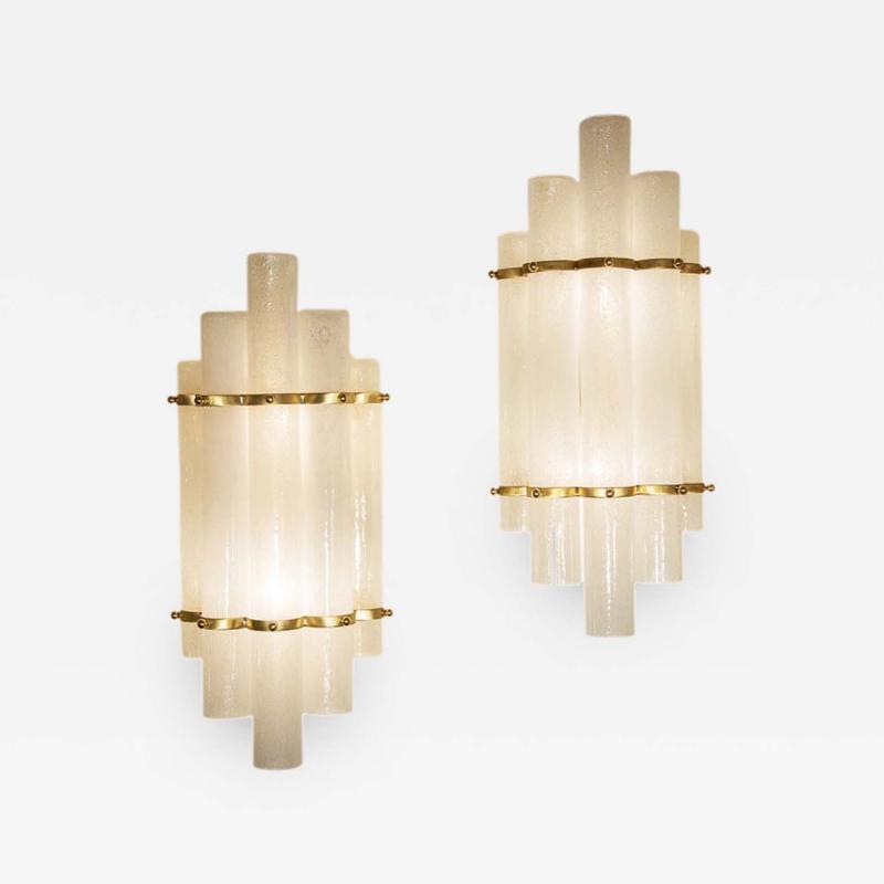 PAIR OF BLOWN MURANO GLASS TUBES AND BRASS WALL LIGHTS