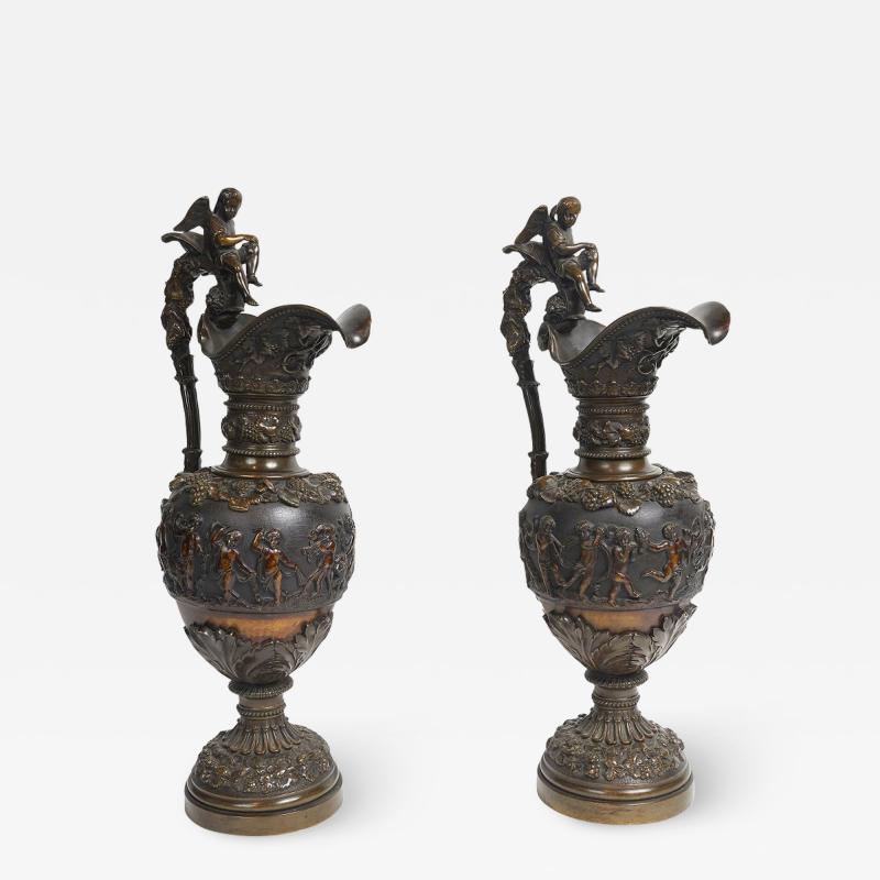 PAIR OF BRONZE PATINATED FRENCH RENAISSANCE STYLE EWERS