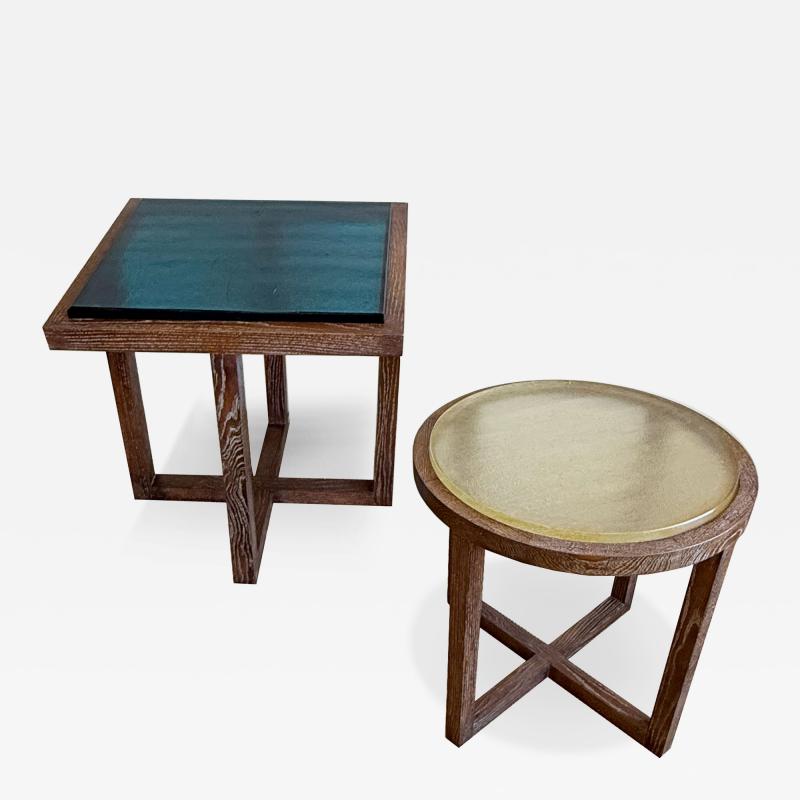 PAIR OF CERUSED OAK TABLES WITH SAIN GOBAIN GLASS TOPS