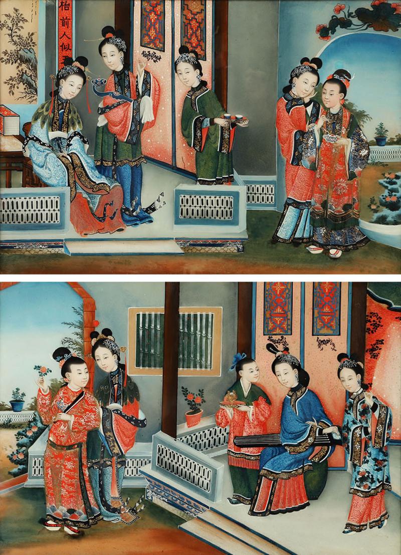 PAIR OF CHINESE COURTYARD SCENES WITH FIGURES