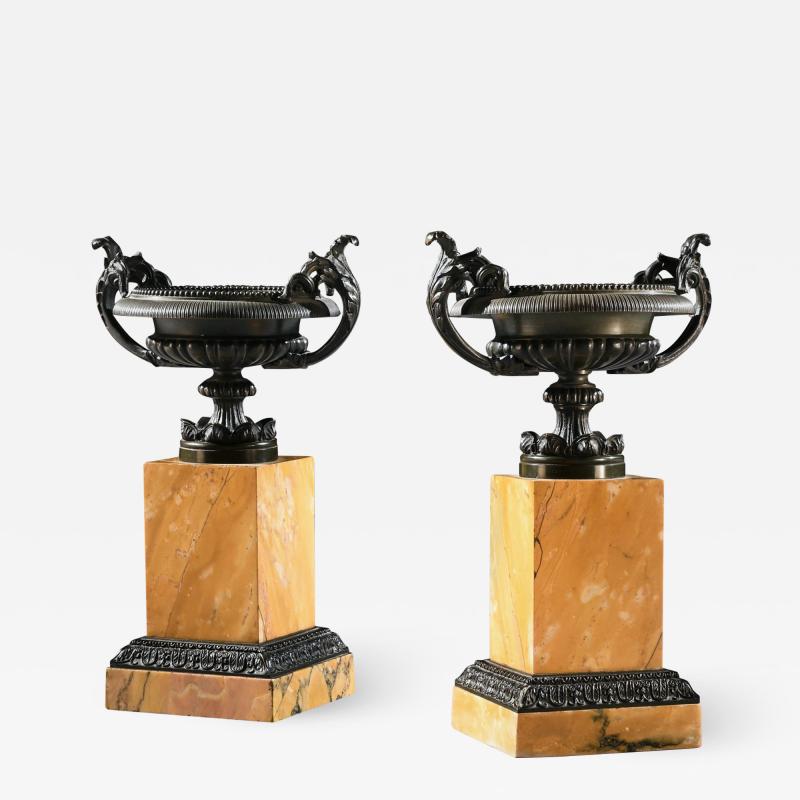PAIR OF EARLY 19TH C GRAND TOUR BRONZE AND SIENNA MARBLE TAZZAS