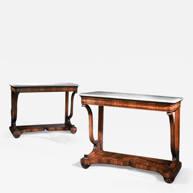 PAIR OF EARLY 19TH CENTURY ITALIAN WALNUT AND MARBLE TOP CONSOLE TABLES