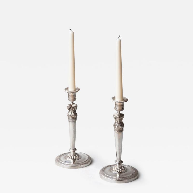 PAIR OF EARLY 19TH CENTURY RETOUR DEGYPTE SILVER PLATED BRONZE CANDLESTICKS