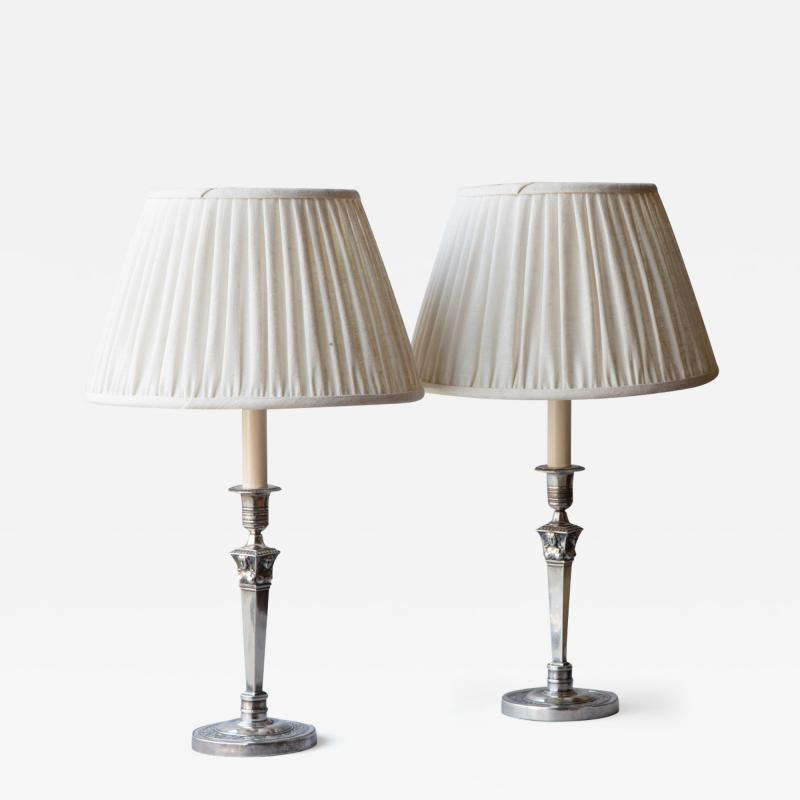 PAIR OF EMPIRE PERIOD SILVER CANDLESTICKS CONVERTED TO TABLE LAMPS