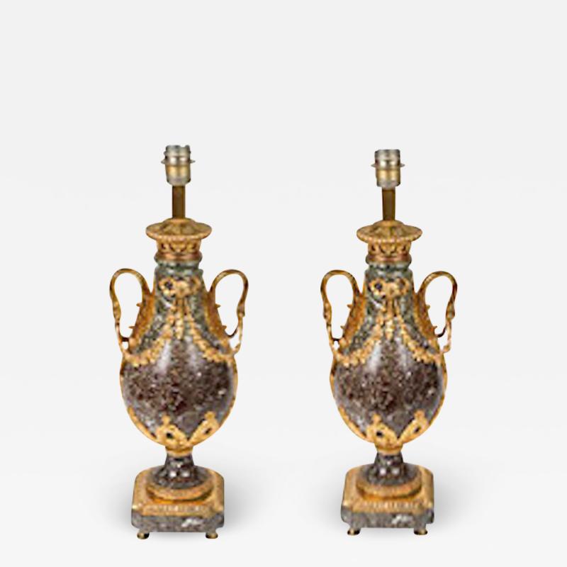 PAIR OF EMPIRE STYLE GILT BRONZE AND LEVANTO MARBLE LAMPS