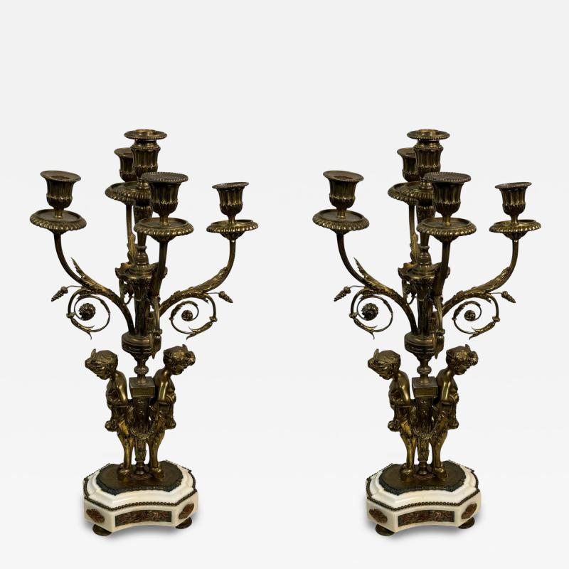 PAIR OF FRENCH 19TH CENTURY BRONZE MARBLE FIVE CANDLE CUP SATYR CANDELABRA
