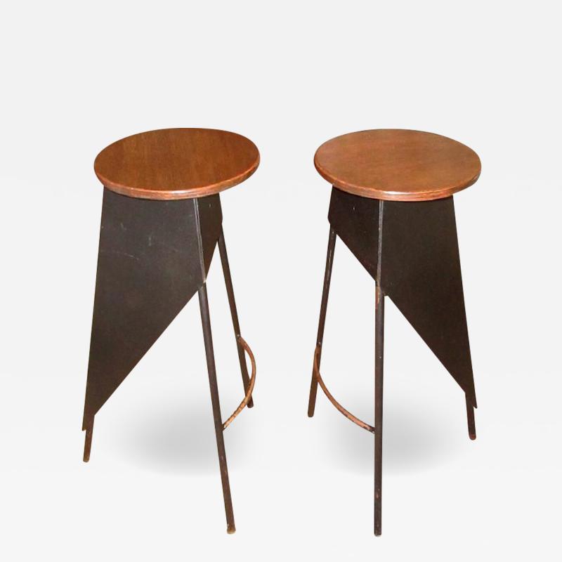 PAIR OF FRENCH INDUSTRIAL METAL AND WOOD STOOLS