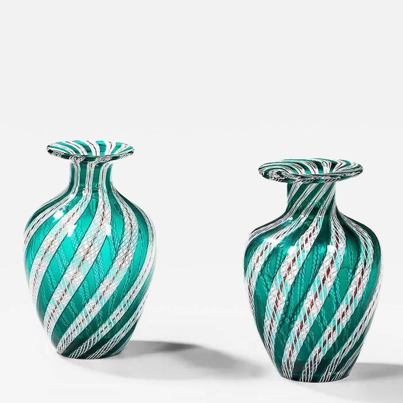 PAIR OF GREEN LATTICINO MURANO GLASS VASES