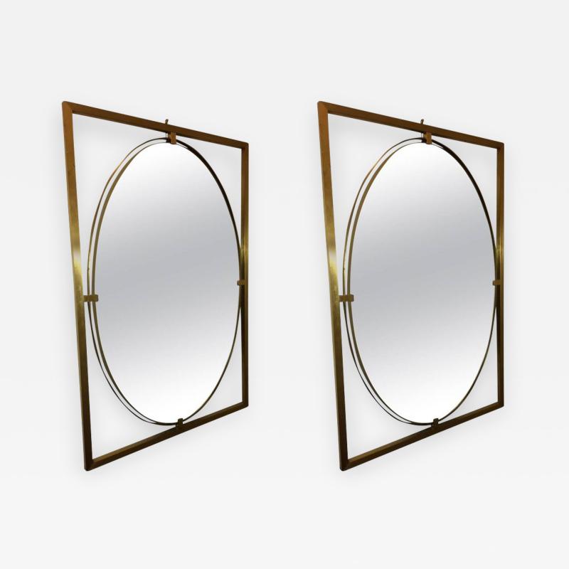 PAIR OF ITALIAN MODERN FLOATING OVAL BRASS MIRRORS
