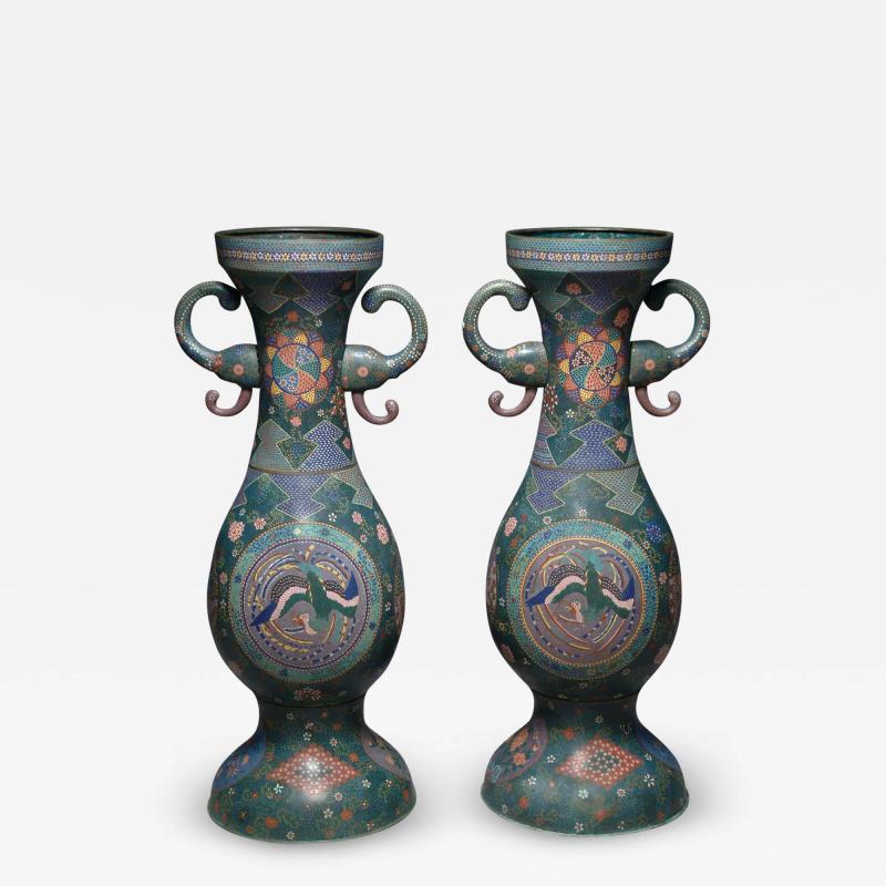 PAIR OF LARGE JAPANESE CLOISONNE ENAMEL PALACE VASES