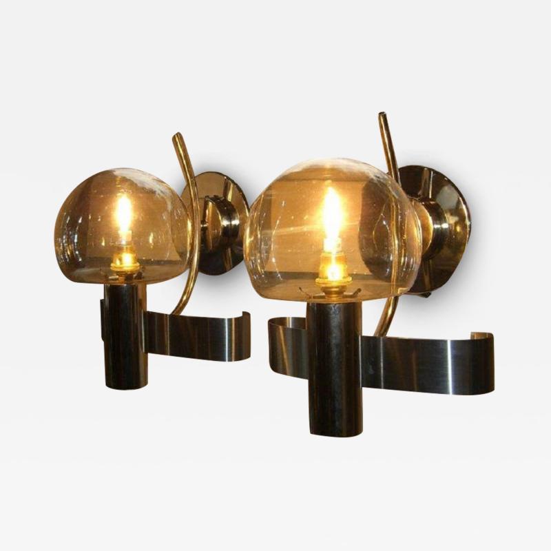 PAIR OF MID CENTURY MODERN ITALIAN GLASS AND METAL WALL LIGHTS