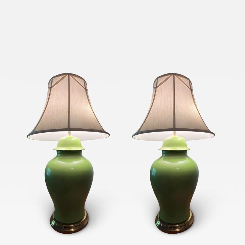 PAIR OF MODERN GREEN CERAMIC GINGER JAR LAMPS