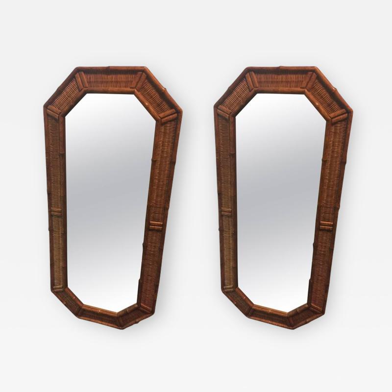 PAIR OF MODERN WOOD BAMBOO AND WICKER ELONGATED OCTAGONAL MIRRORS