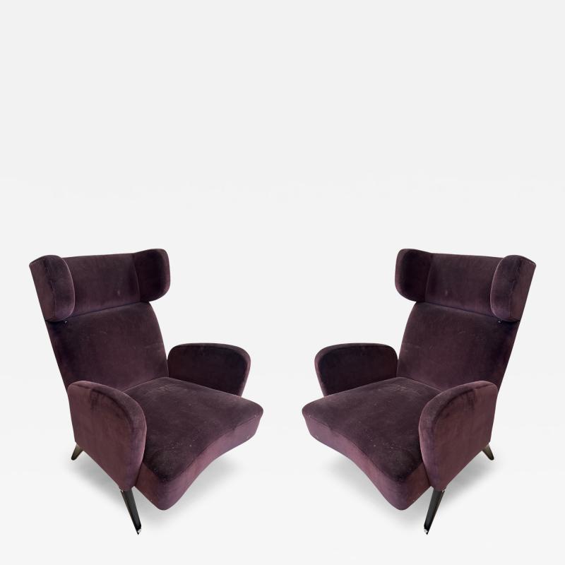 PAIR OF MODERNIST DEEP PURPLE VELOUR ITALIAN WINGBACK CHAIRS