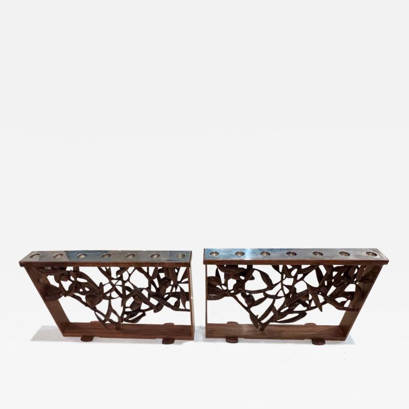 PAIR OF MODERNIST WALNUT STERLING MENORAHS BY DAVID MOSS AND NOAH GREENBERG