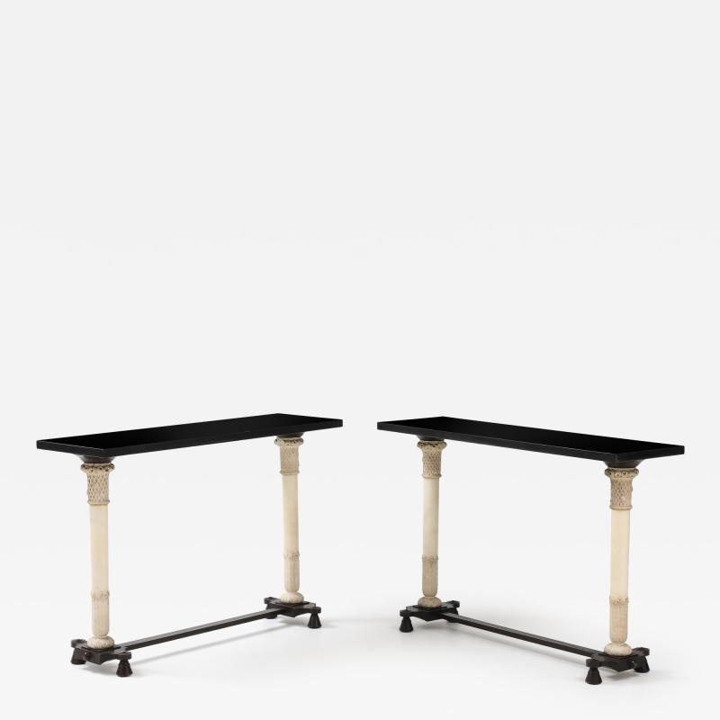 PAIR OF NEOCLASSICAL STYLE MARBLE AND PATINATED BRONZE CONSOLE TABLES