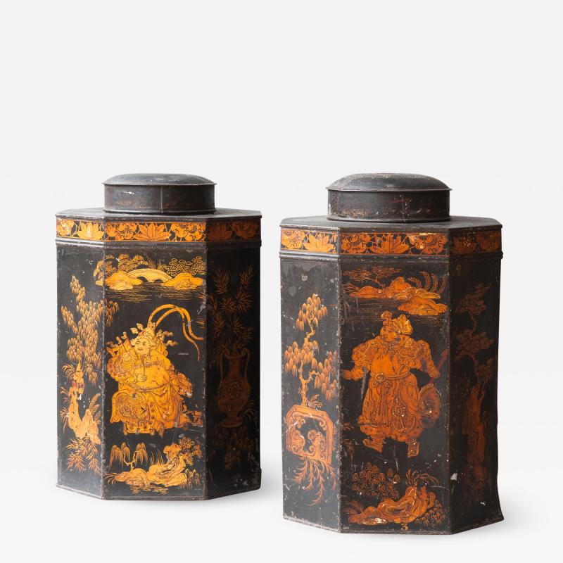 PAIR OF OCTAGONAL REGENCY TOLE TEA CANISTERS AND COVERS IN CHINOISERIE STYLE