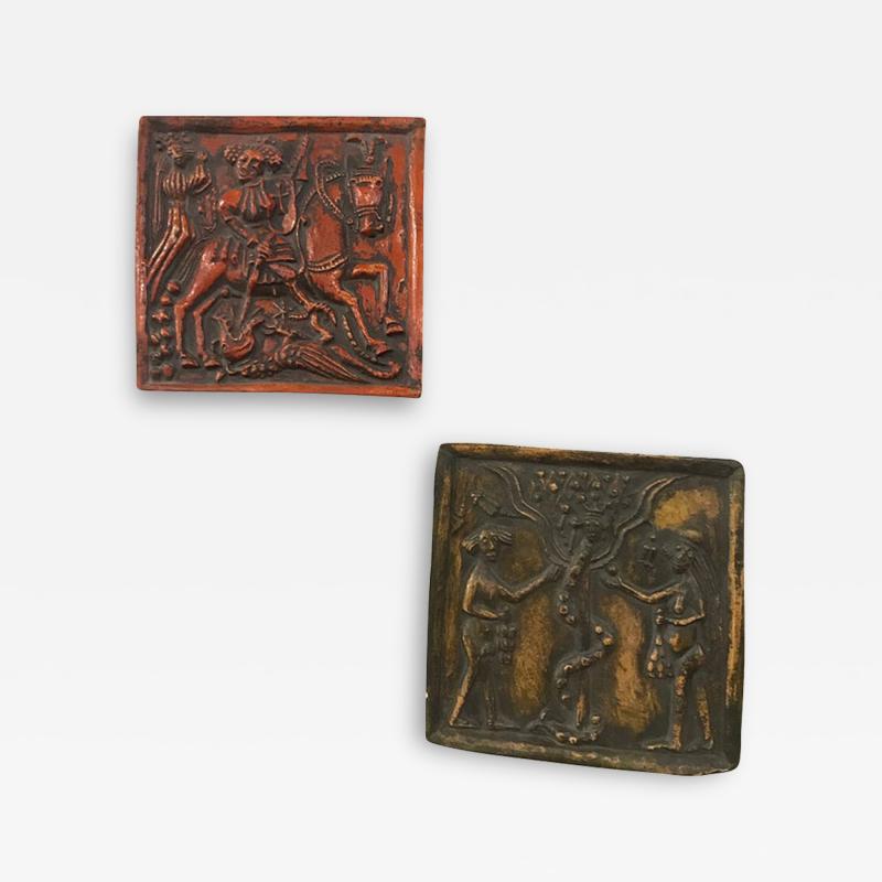 PAIR OF PAINTED DUTCH MEDIEVAL STYLE GLAZED TERRACOTTA RELIEFS PLAQUES