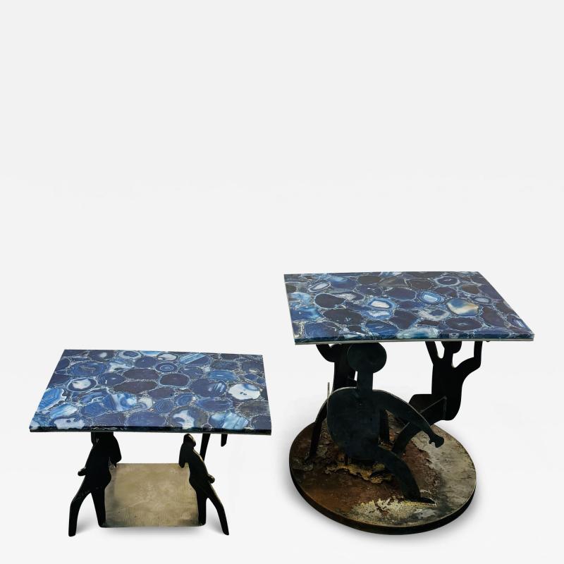 PAIR OF POST MODERN SILHOUETTE METAL FIGURE TABLES STANDS WITH BLUE AGATE TOPS