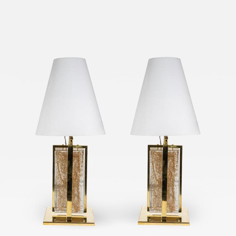 PAIR OF TABLE LAMPS ITALIAN DESIGN GLASS CLEAR GOLD BRASS