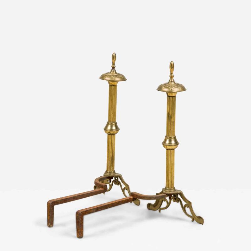 PAIR of English Georgian style brass fluted andirons with finial tops