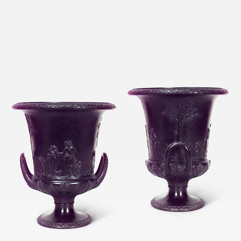PAIR of English Victorian black Basalt Wedgwood porcelain urns