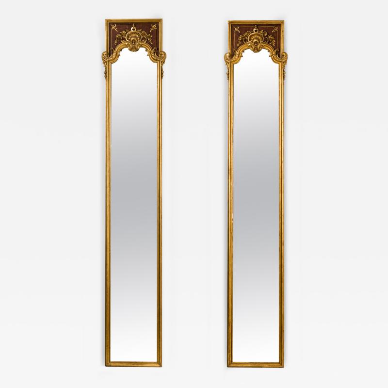PAIR of French Louis XV style gilt and walnut pilaster framed vertical wall mirr