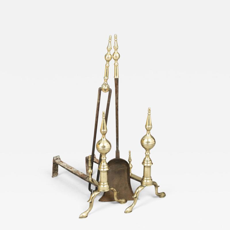 PAIR of STEEPLE TOP FEDERAL ANDIRONS WITH MATCHING TOOLS