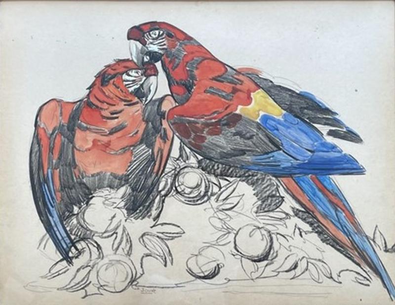 PAUL JOUVE Stunning Painting on Paper Two Parrots by Paul Jouve France Art Deco 1930s