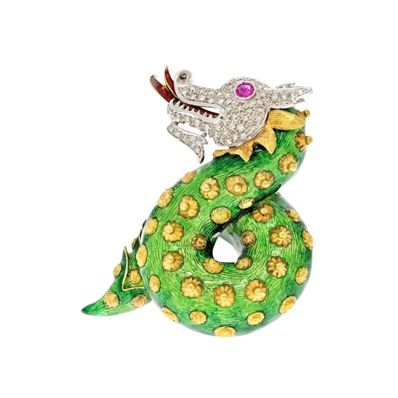 PLATINUM 14K YELLOW GOLD GREEN ENAMELED AND DIAMOND DRAGON BROOCH