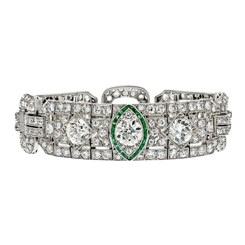 PLATINUM 16 00CTTW ART DECO DIAMOND AND GREEN EMERALD BRACELET