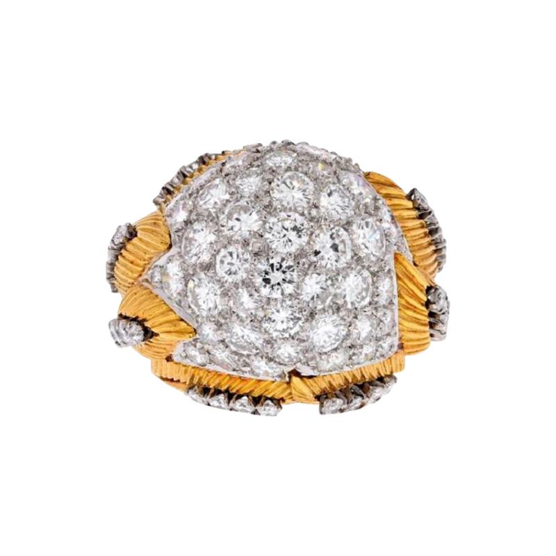 PLATINUM 18K YELLOW GOLD 1950S CLUSTER 8 50CTS DIAMOND DOME RING